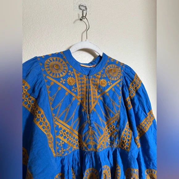 Oliphant Mandarin Balloon Sleeve Top Sz Medium Soleil Blue Cotton Boho Flowy - Picture 7 of 9